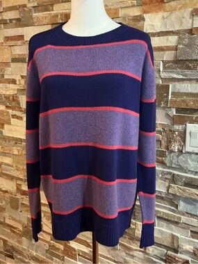 The Elder Statesman Navy, Purple & Pink Striped Crewneck Sweater